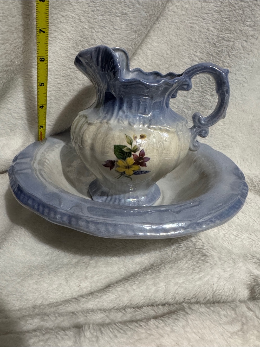 Vintage 1975 Arnel's Ceramic Wash Basin & Pitcher Set - Blue Ombre Floral